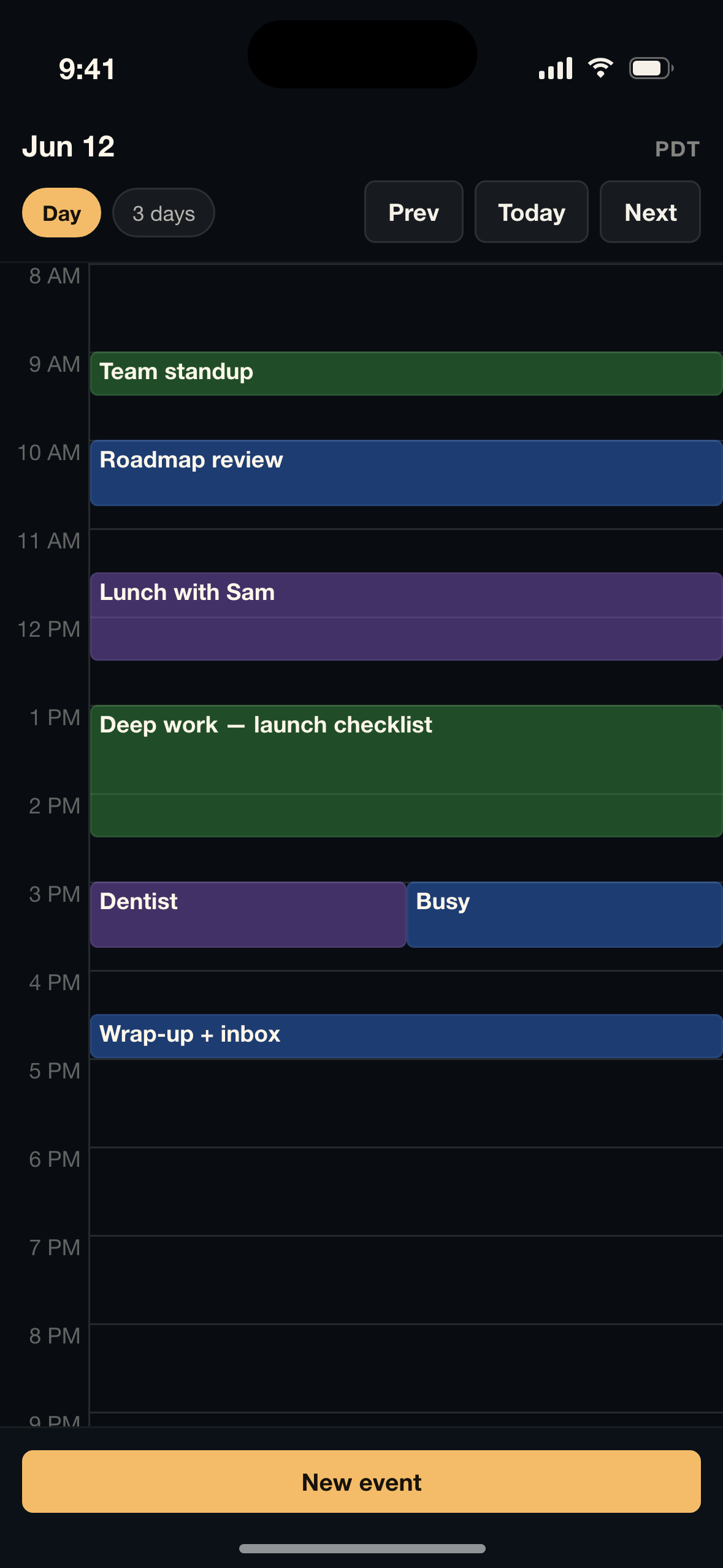 Asta calendar - day view on iPhone, showing work and personal events side by side